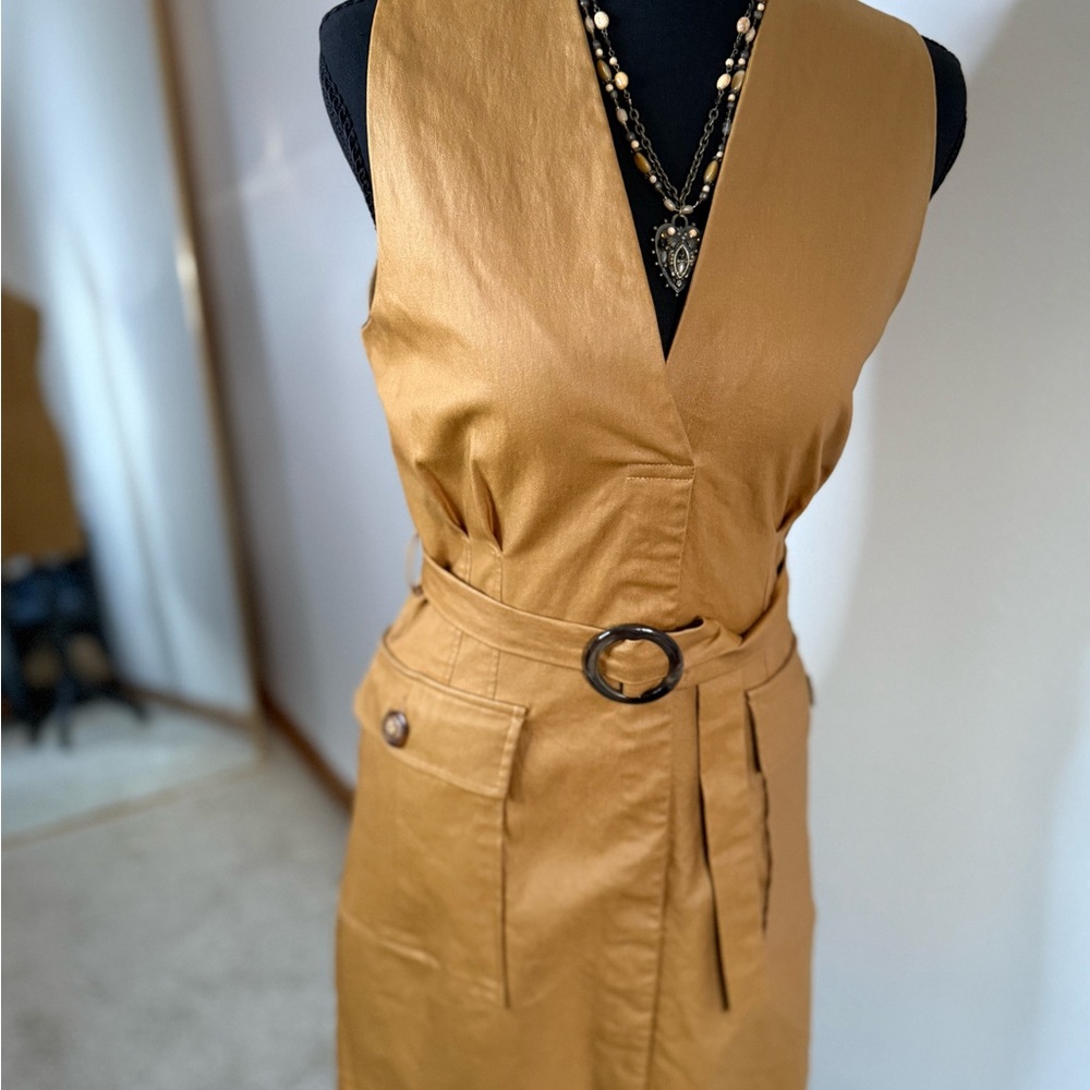 Camel Faux Leather Utility Mini Dress Belted Size Large